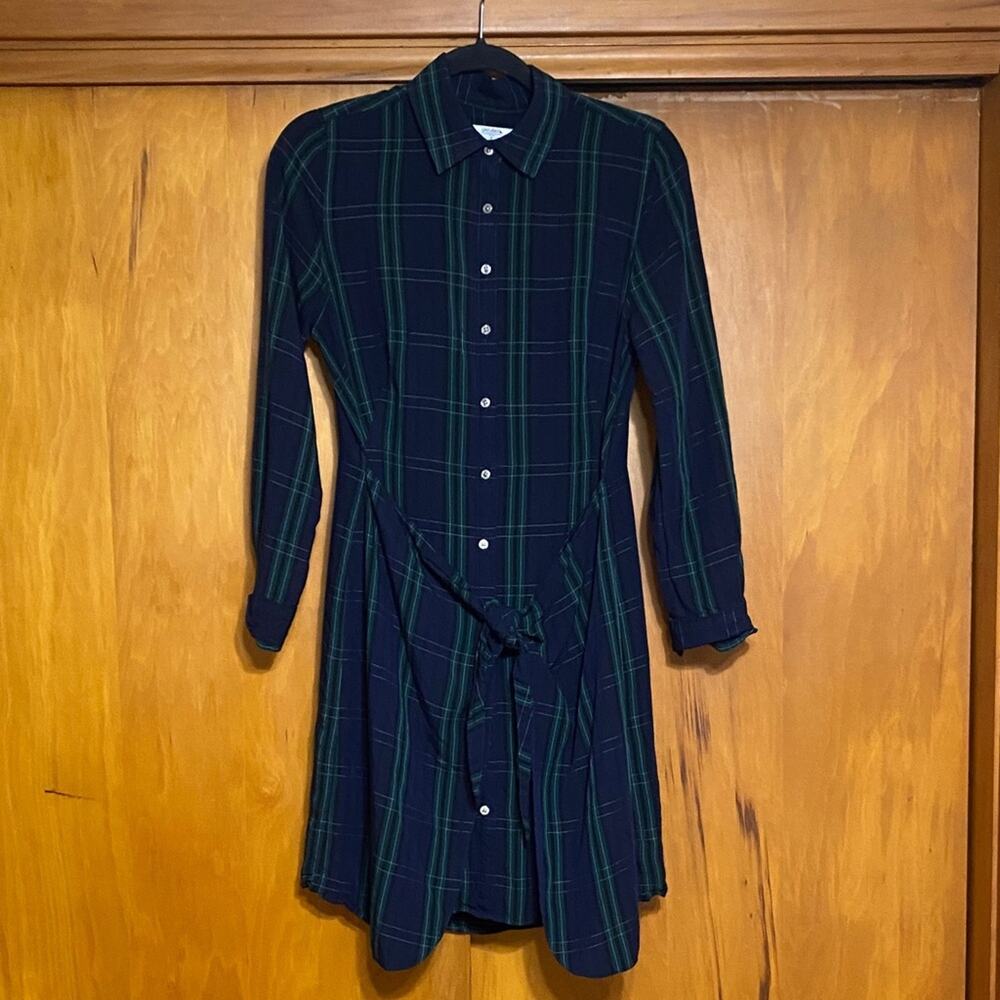 UNTUCKit for her Navy Green Plaid Long Sleeve Shirt Dress w/ Apron Tie Detail